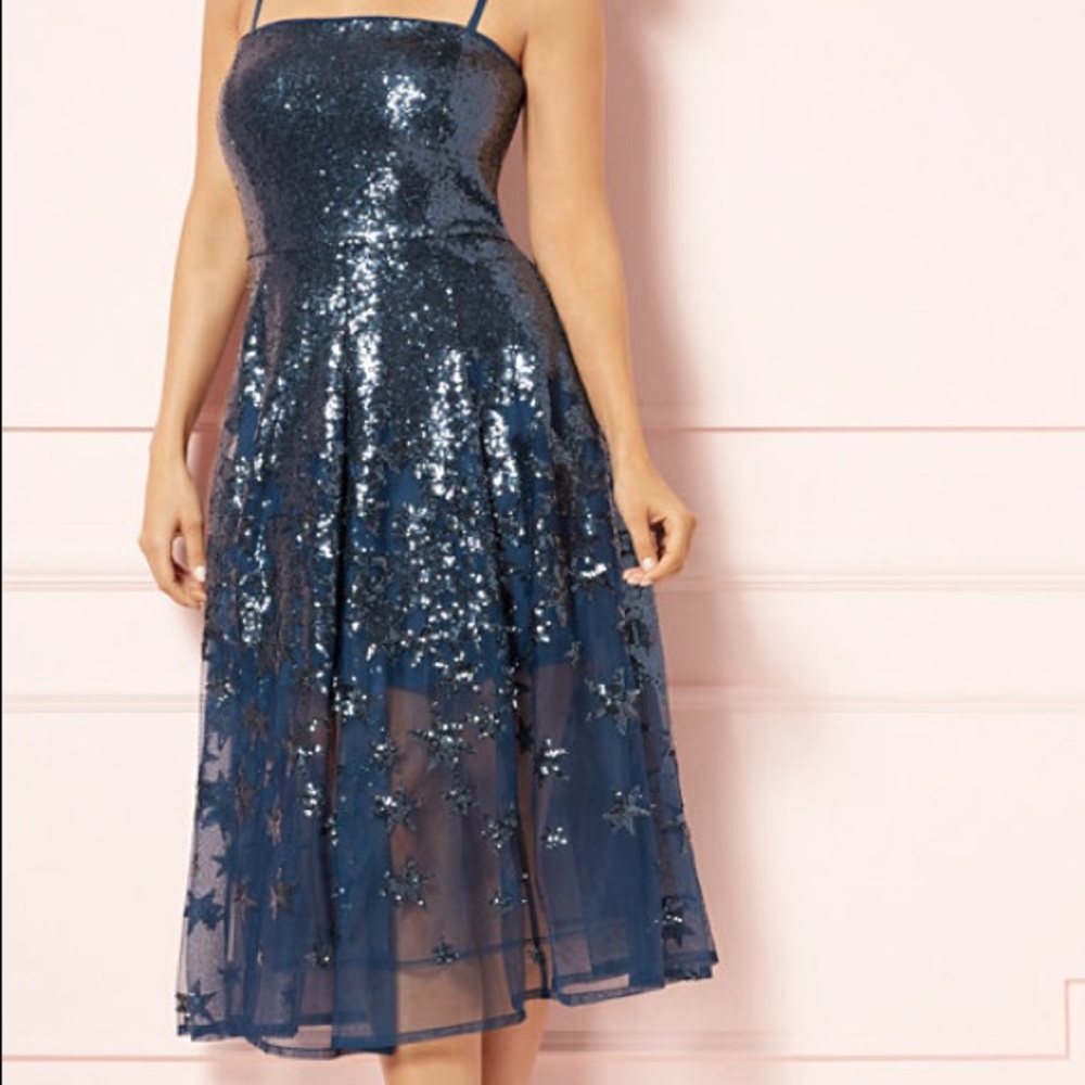 NYandCo Navy Sequin Tulle Cocktail Midi Dress NWOT - Picture 1 of 6
